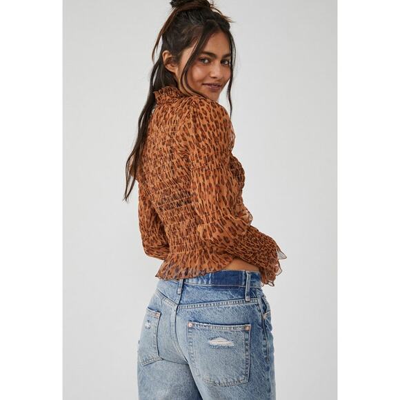 Free People Hello There Top Leopard Print Mesh Long Sleeve Ruched - Picture 3 of 14